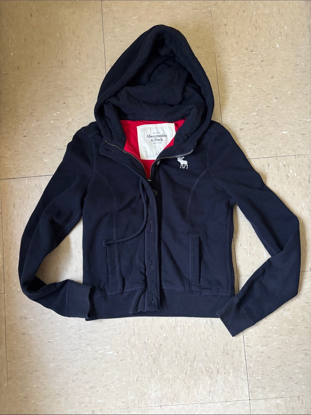 Vintage Y2K Abercrombie & Fitch Button Up Hoodie Navy Blue Moose Logo Size M